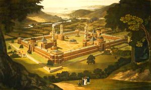 New_Harmony_by_F._Bate_(View_of_a_Community,_as_proposed_by_Robert_Owen)_printed_1838