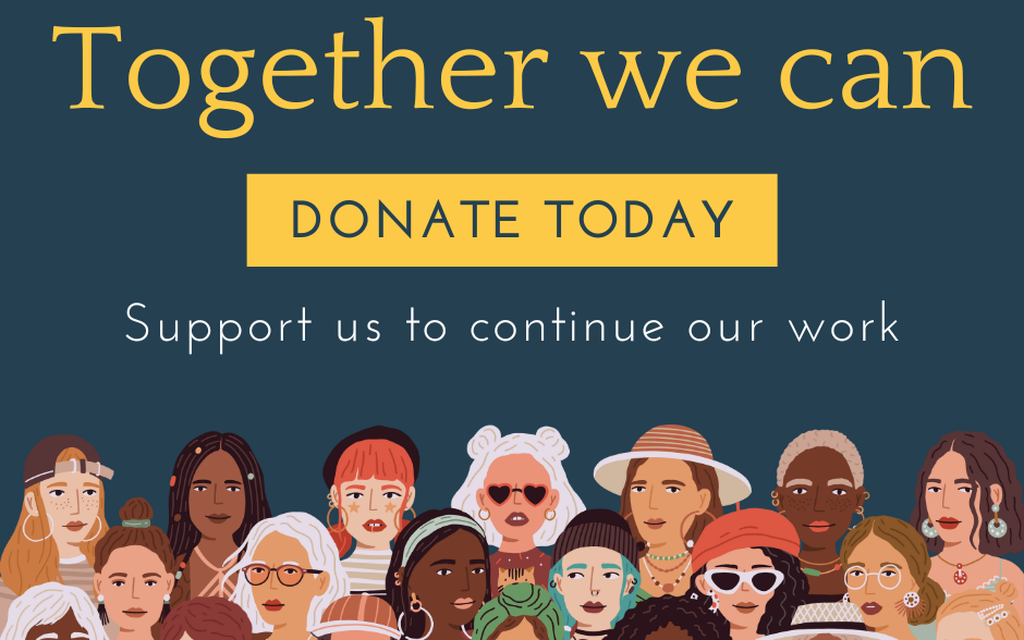 Together we can - donate today! A row of illustrated diverse people 