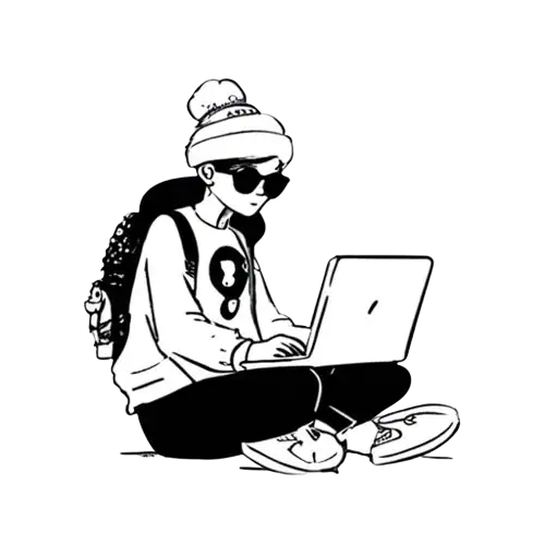 Young woman with backpack using laptop, wearing sunglasses and beanie.