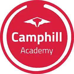 Camphill Academy logo with a red background and white emblem.