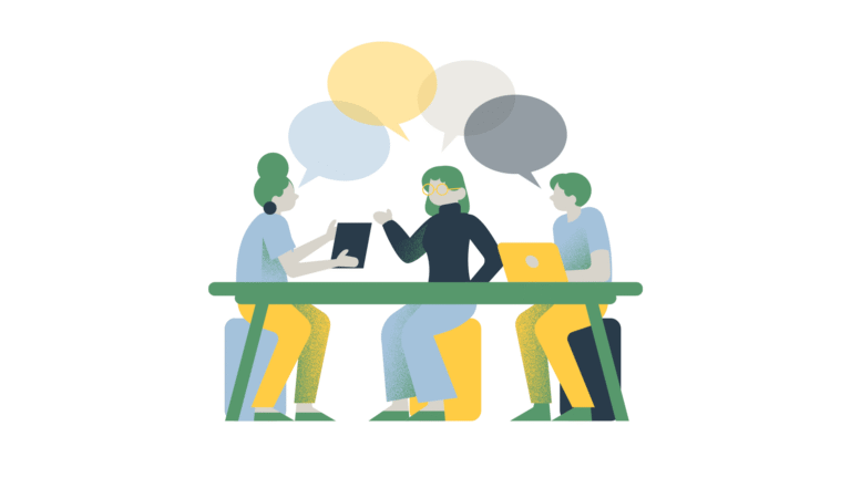 People in a discussion with speech bubbles at a table, representing community dialogue.
