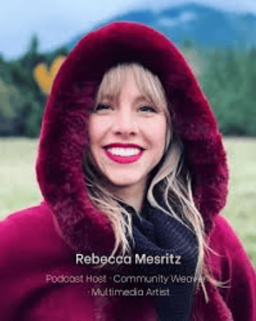 Rebecca Mesritz, community weaver and multimedia artist, smiling outdoors in a red hooded coat.