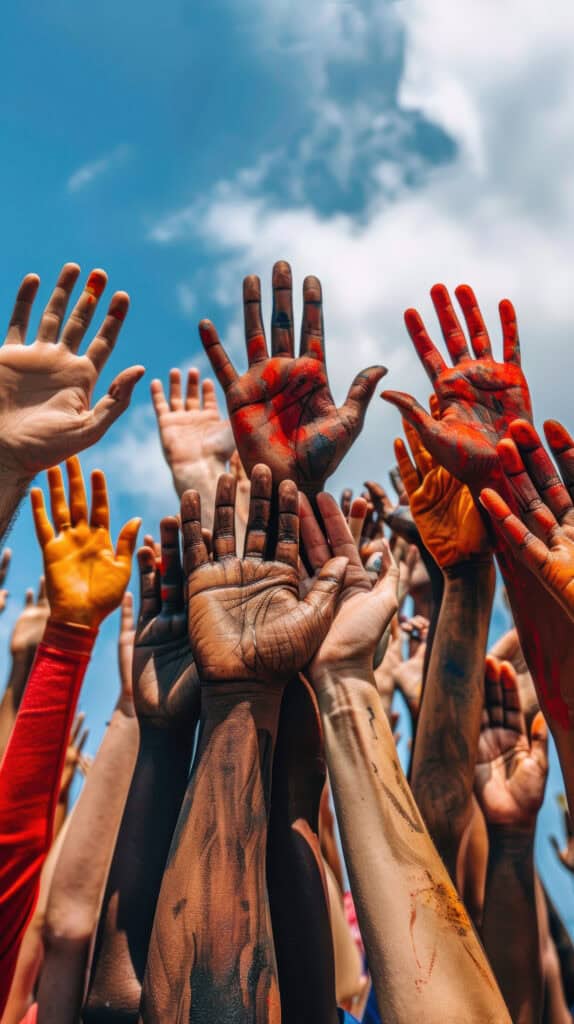 Diverse hands raised in unity at an outdoor community event.
