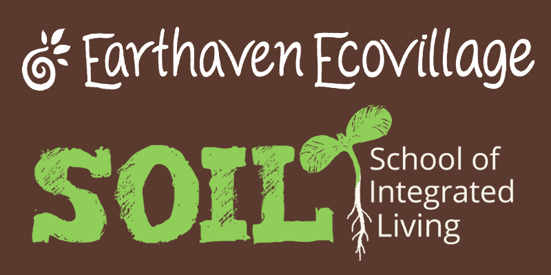 Earthaven Ecovillage Soil School of Living logo with green plant and brown background.