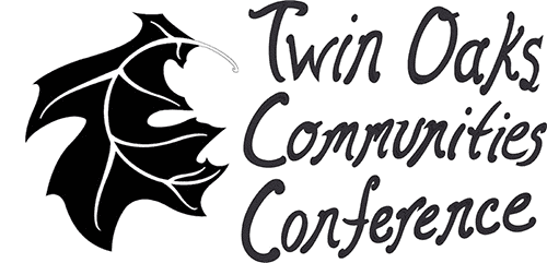 Twin Oaks Communities Conference logo with a black oak leaf and purple text.