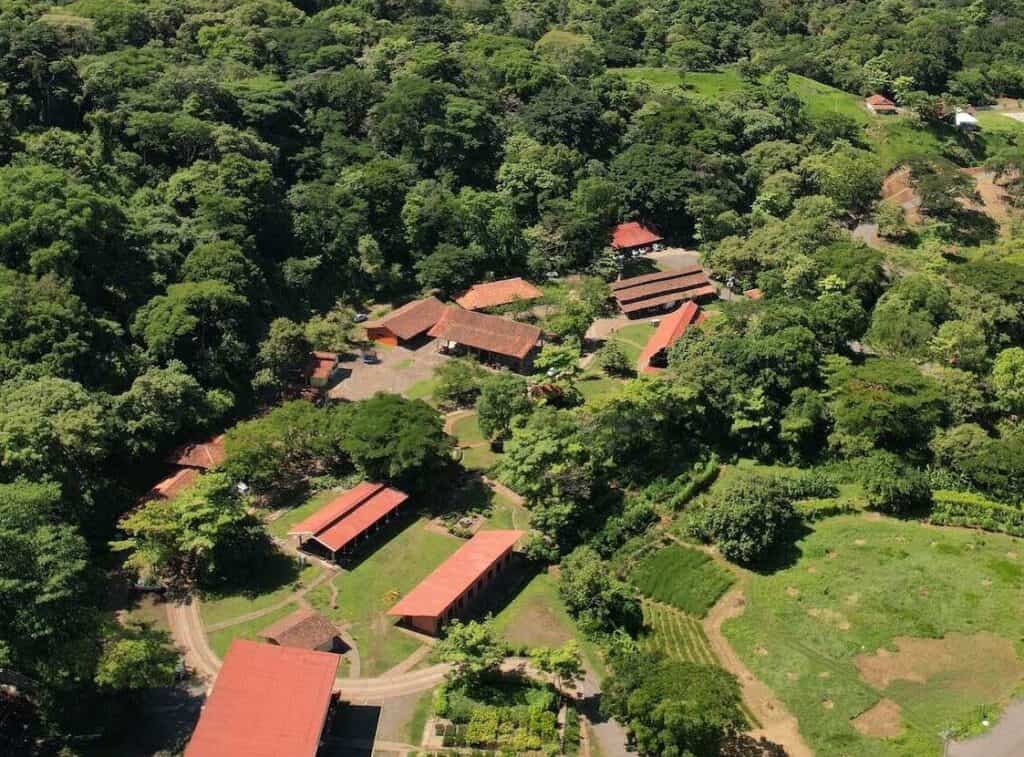 Aerial view of a community surrounded by lush green forest and farmland.