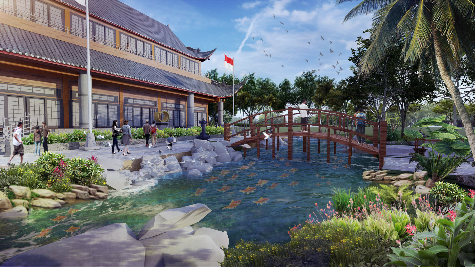 Scenic view of a traditional Asian-style building with a pond and lush garden.