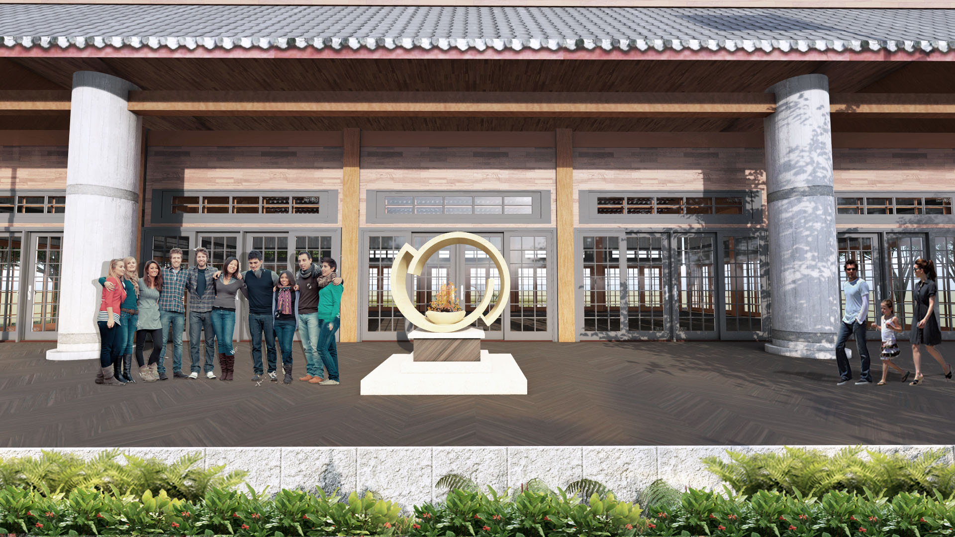Group of people standing outside the Foundation for Intentional Community building.