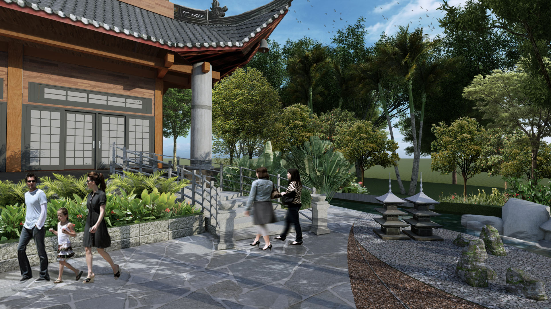 Serene garden scene with traditional architecture and visitors enjoying the space.