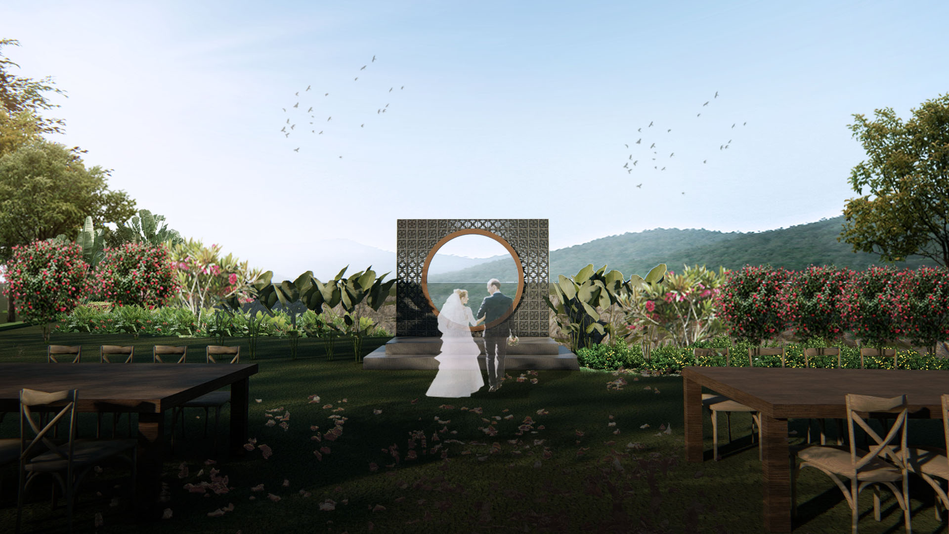 Wedding ceremony at sunset with scenic mountain and garden backdrop.