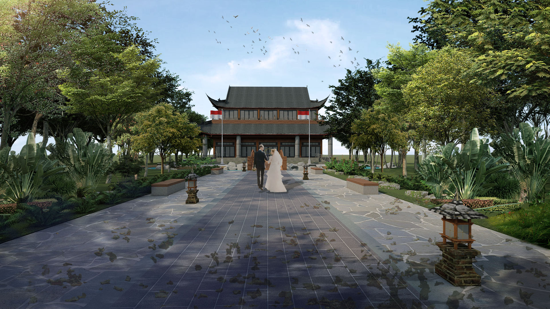 Traditional Asian-style building surrounded by lush garden and trees.