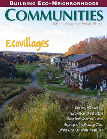 Eco-village community with sustainable homes and green spaces in fall.