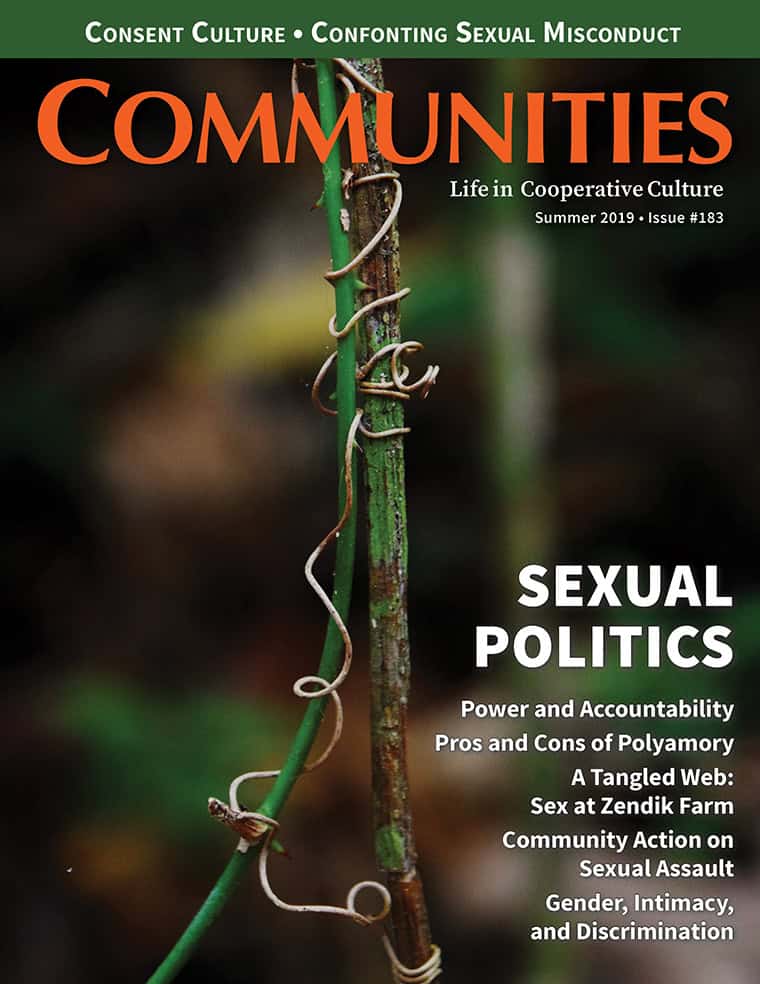Cover of Communities magazine featuring a close-up of a vine on a green post.
