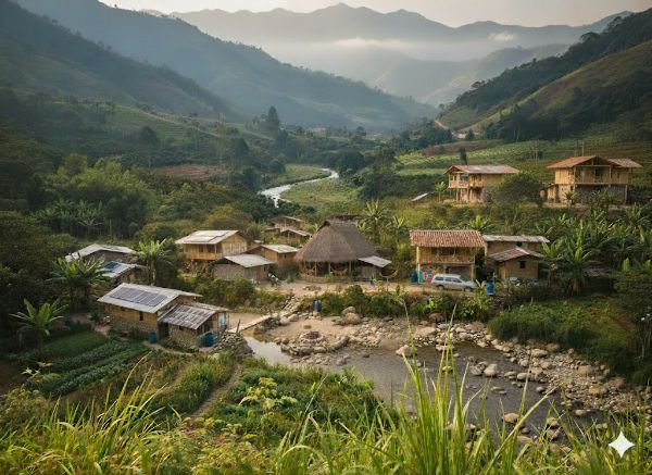 Scenic view of a rural community in lush green mountains with river and traditional houses.
