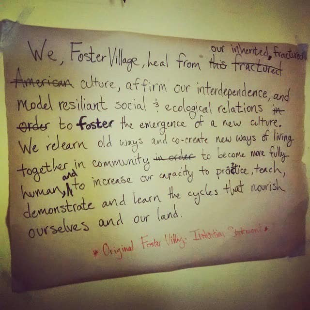 Handwritten note about fostering community and ecological relations at Foster Village.