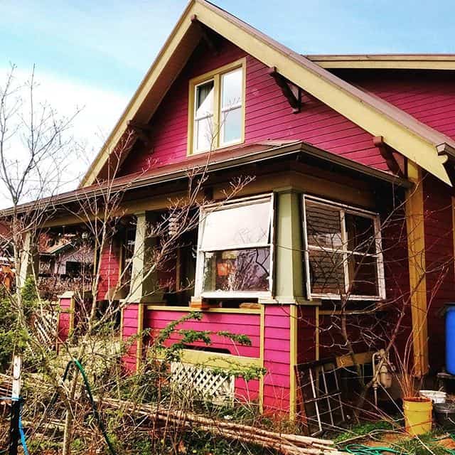 Colorful pink and green house with garden and trees in front.