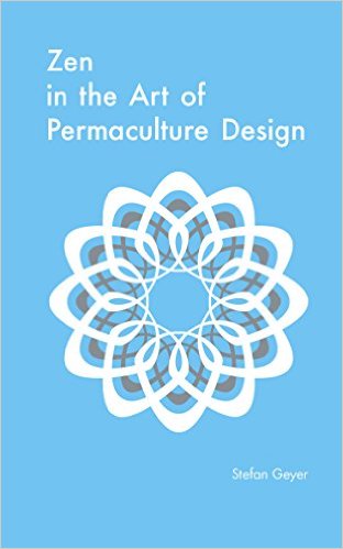 Cover of 'Zen in the Art of Permaculture Design' book with blue background and white geometric mandr.