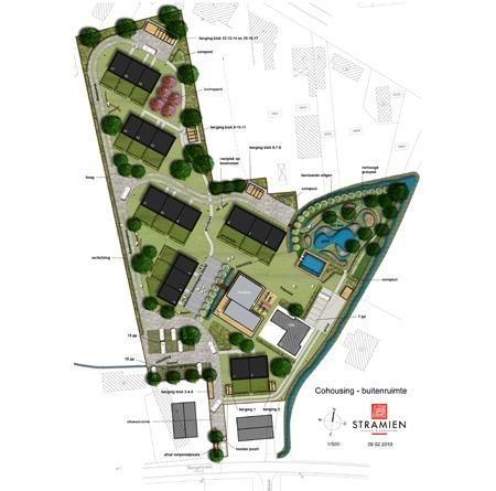 Cohousing site plan for Vinderhoute with residential units and communal amenities.