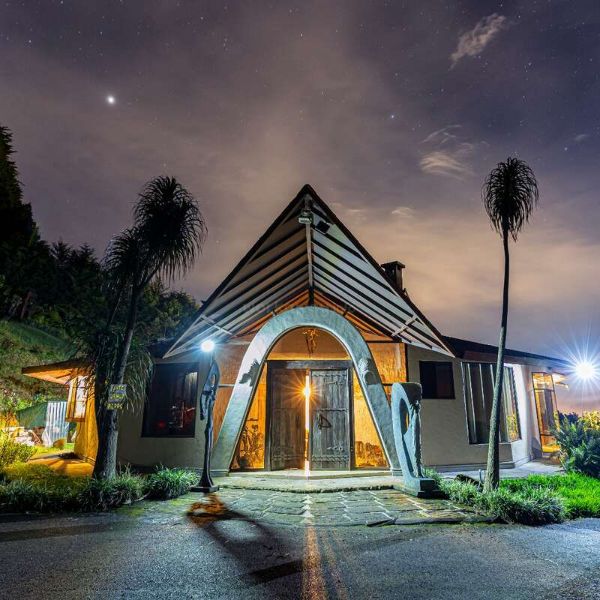 Unique modern house with curved entrance under starry night sky.