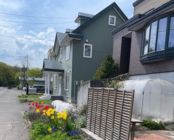Residential neighborhood with colorful flowers and greenhouses.