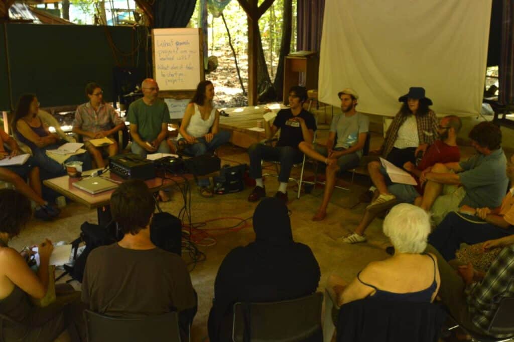 Group discussion at Twin Oaks Communities Conference on intentional communities.