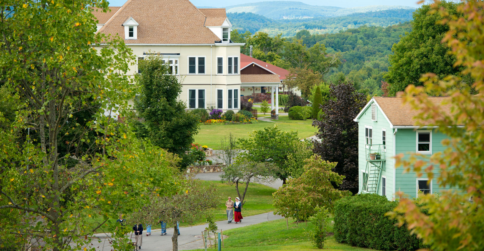 Scenic view of a community with large houses and lush greenery in a rural setting.
