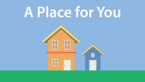 Illustration of two colorful houses representing community living and intentional communities.