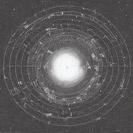 Astronomical chart with concentric circles and star field background.