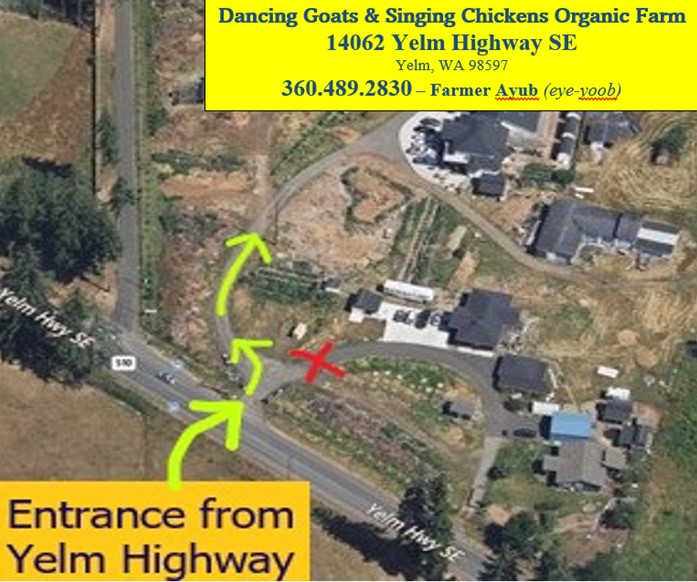 Map showing entrance from Yelm Highway to organic farm in Yelm, Washington.