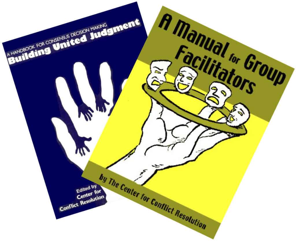 Cover images of 'Building United Judgment' and 'A Manual for Group Facilitators' books.