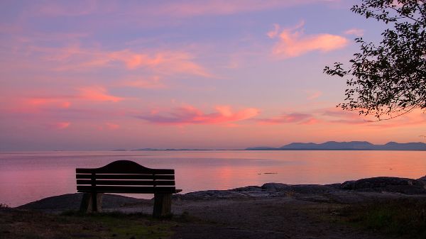 Serene sunset over a calm coastal lake with a bench in foreground.