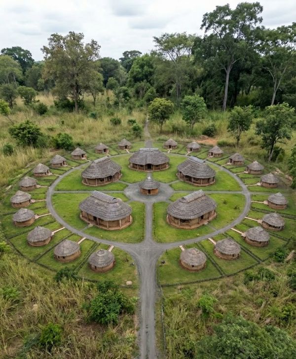 Aerial view of traditional round huts in a circular layout at Chikwa Ecovillage.