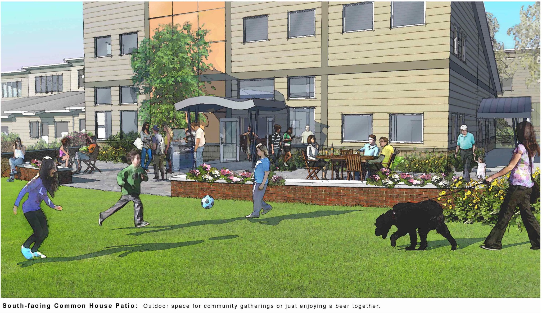 Community gathering at South-facing Common House Patio with children and pets playing outside.