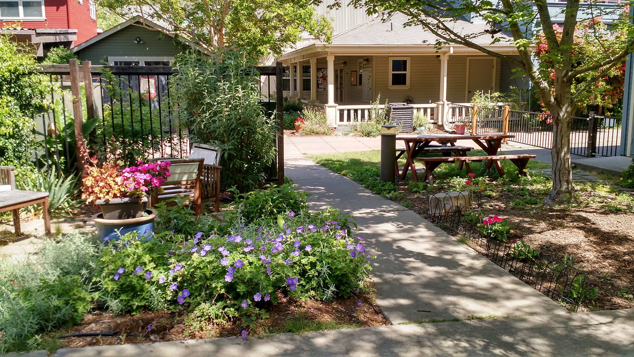 Community garden and seating area at Southside Park Cohousing.