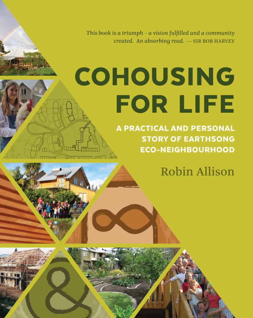 Cover of 'Cohousing for Life' book with green geometric design and community images.