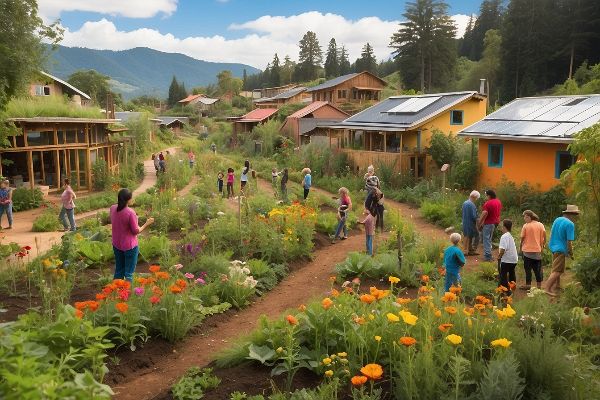 Community members working in a lush garden with colorful flowers and houses in the background.