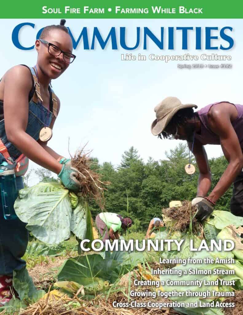 Community members working together on a farm, planting and harvesting crops.