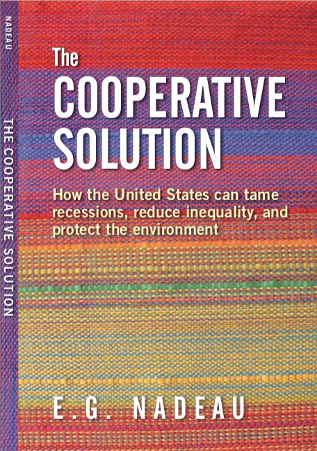 Cover of 'The Cooperative Solution' book by E.G. Nadeau with colorful woven pattern background.