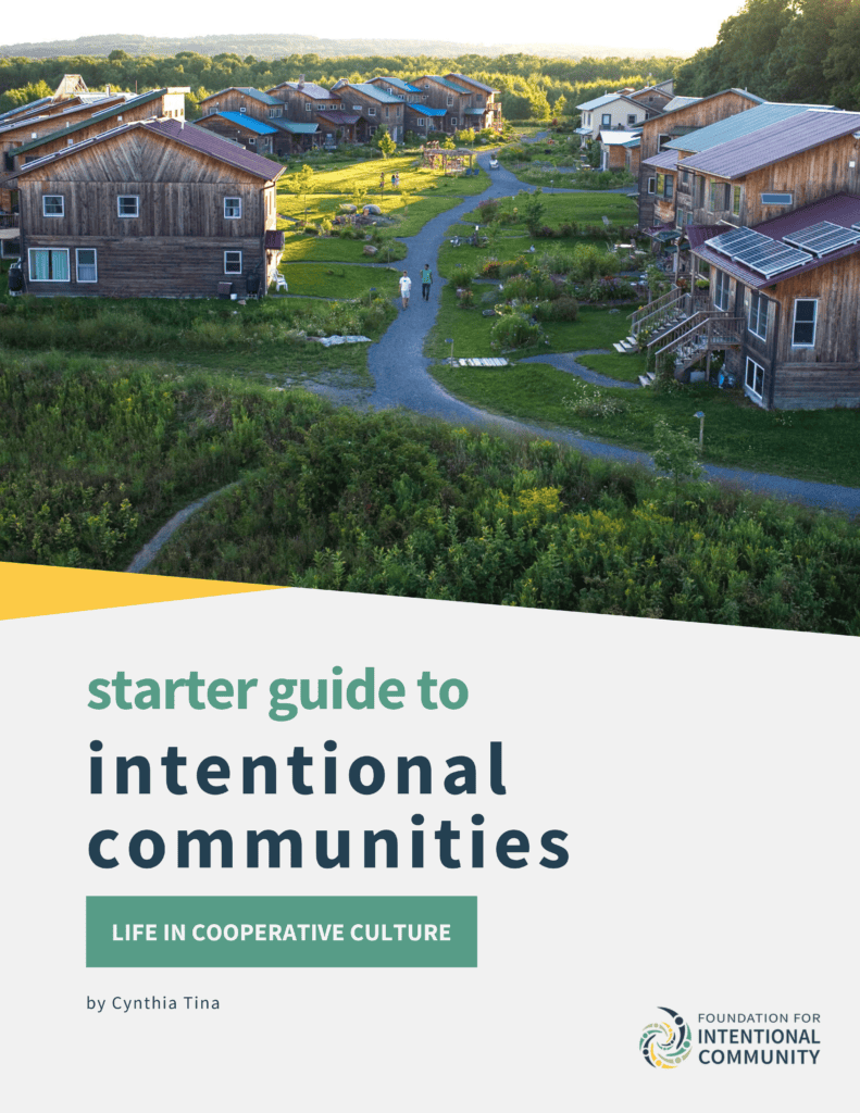 Scenic view of a sustainable intentional community with wooden homes and lush greenery.