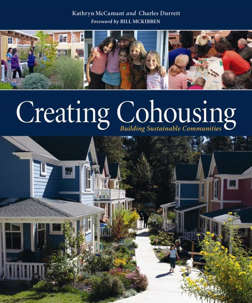 Cover of 'Creating Cohousing' book with images of community homes and people.