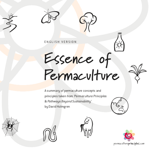 Cover image for Essence of Permaculture ebook with nature-themed illustrations.