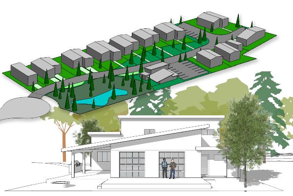 Conceptual design of eco-friendly cohousing community with green spaces and water features.