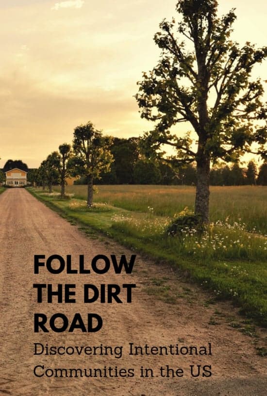 Scenic dirt road with trees and open fields at sunset, promoting intentional communities.