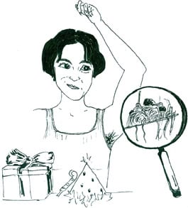 Illustration of a woman with a magnifying glass examining a community scene.
