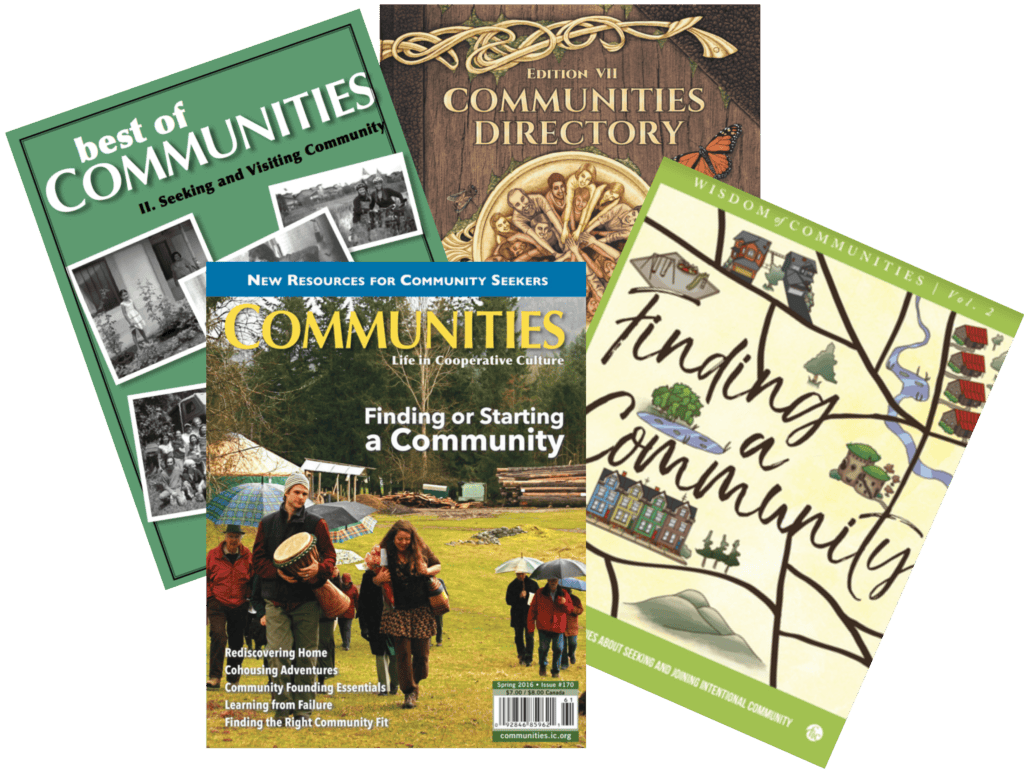 Collection of books on intentional communities and cooperative living.