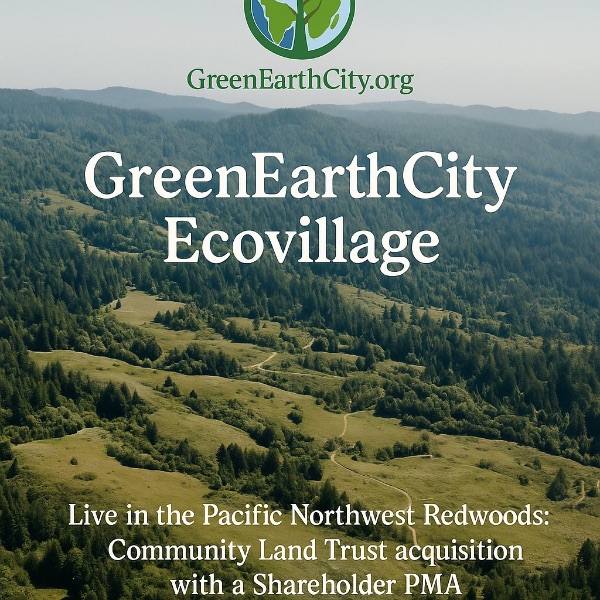 GreenEarthCity EcoVillage logo over scenic Pacific Northwest landscape.