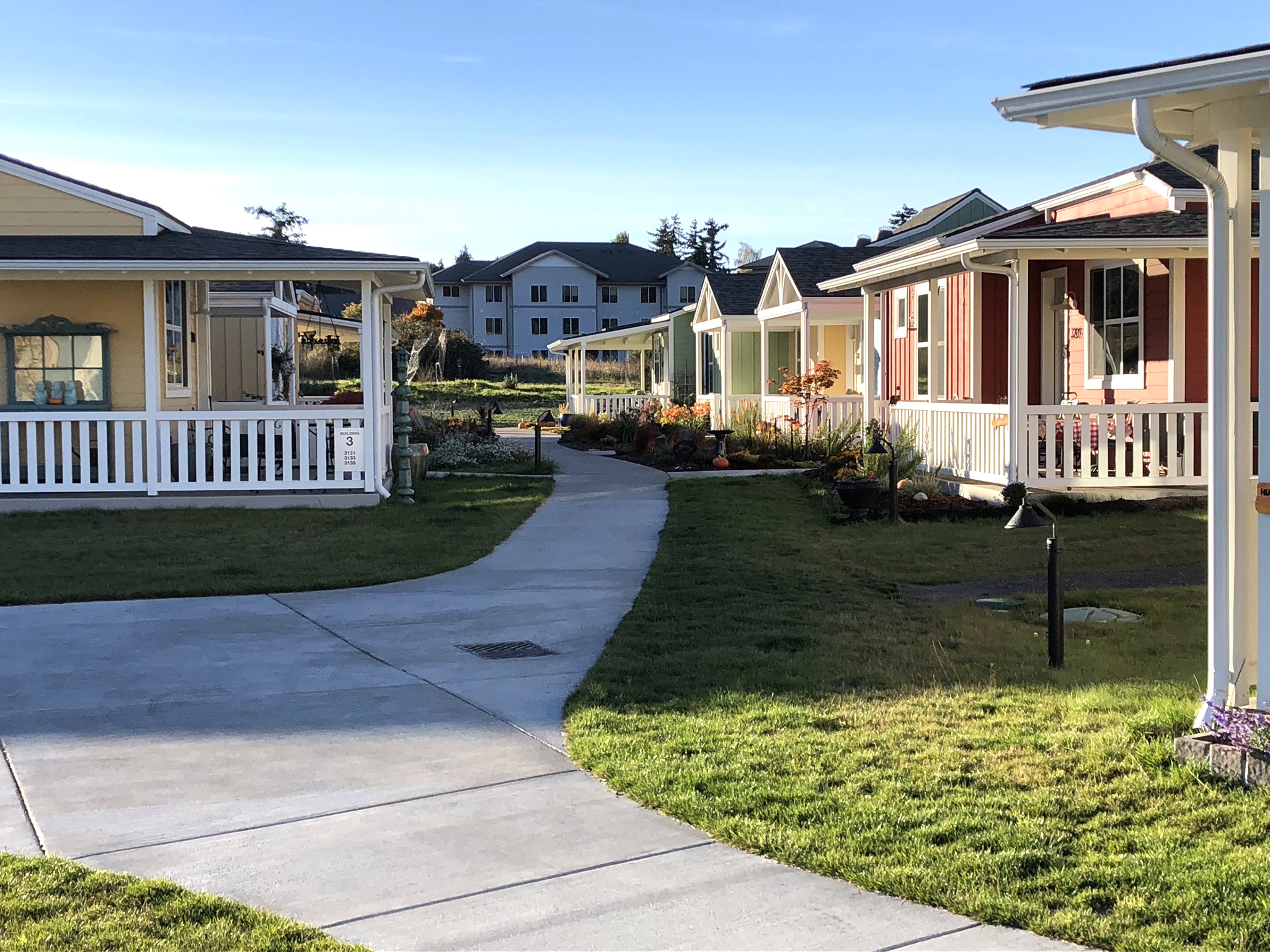 Colorful tiny houses in a community with a paved walkway and green lawns.