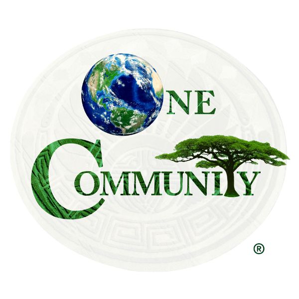 One Community logo with Earth and tree symbols for sustainable living.