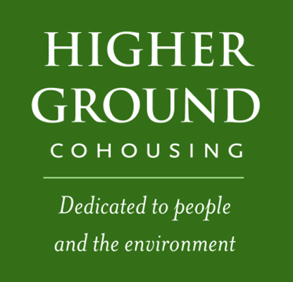 Higher Ground Cohousing logo with green background and white text.