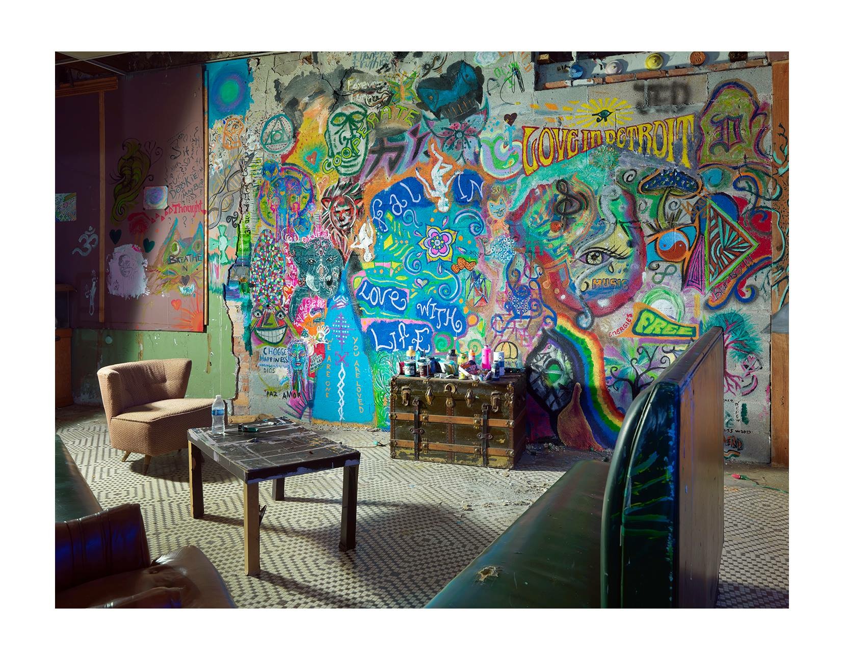 Colorful graffiti art wall at Foundation for Intentional Community event space.